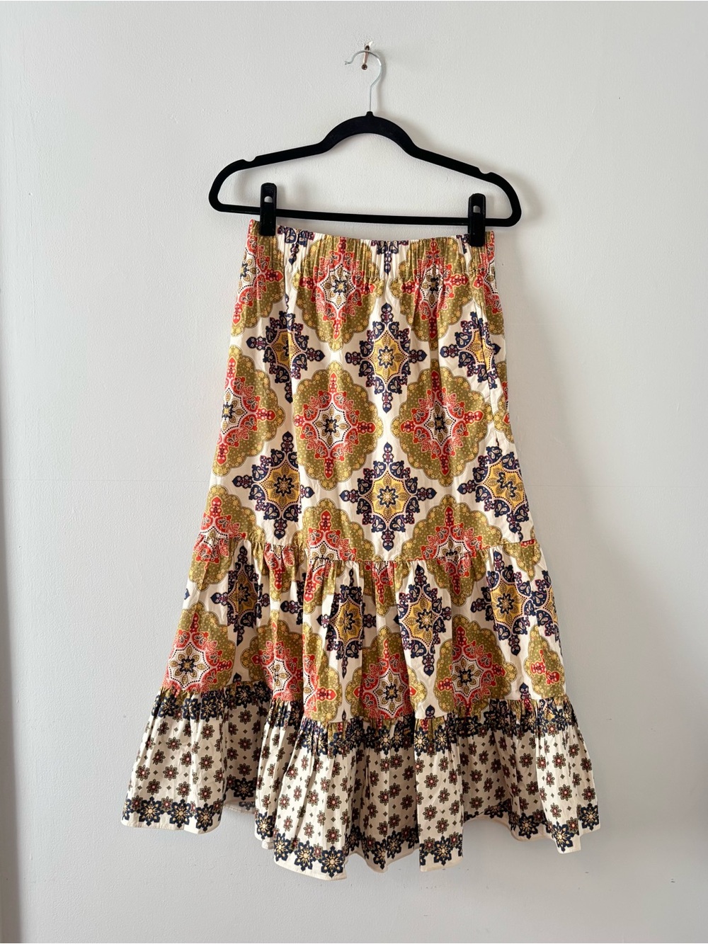 Cara Cara Tiered Maxi Skirt Printed Stretch Elastic Waist Lined Multicolor